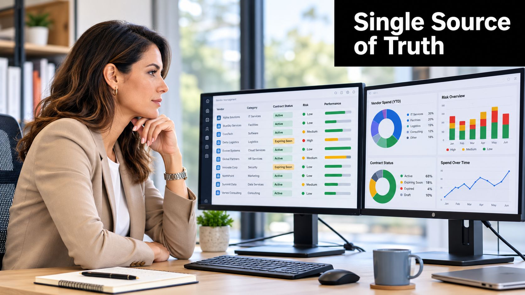 A professional woman analyzing vendor management system dashboards on dual computer monitors in a bright modern office.