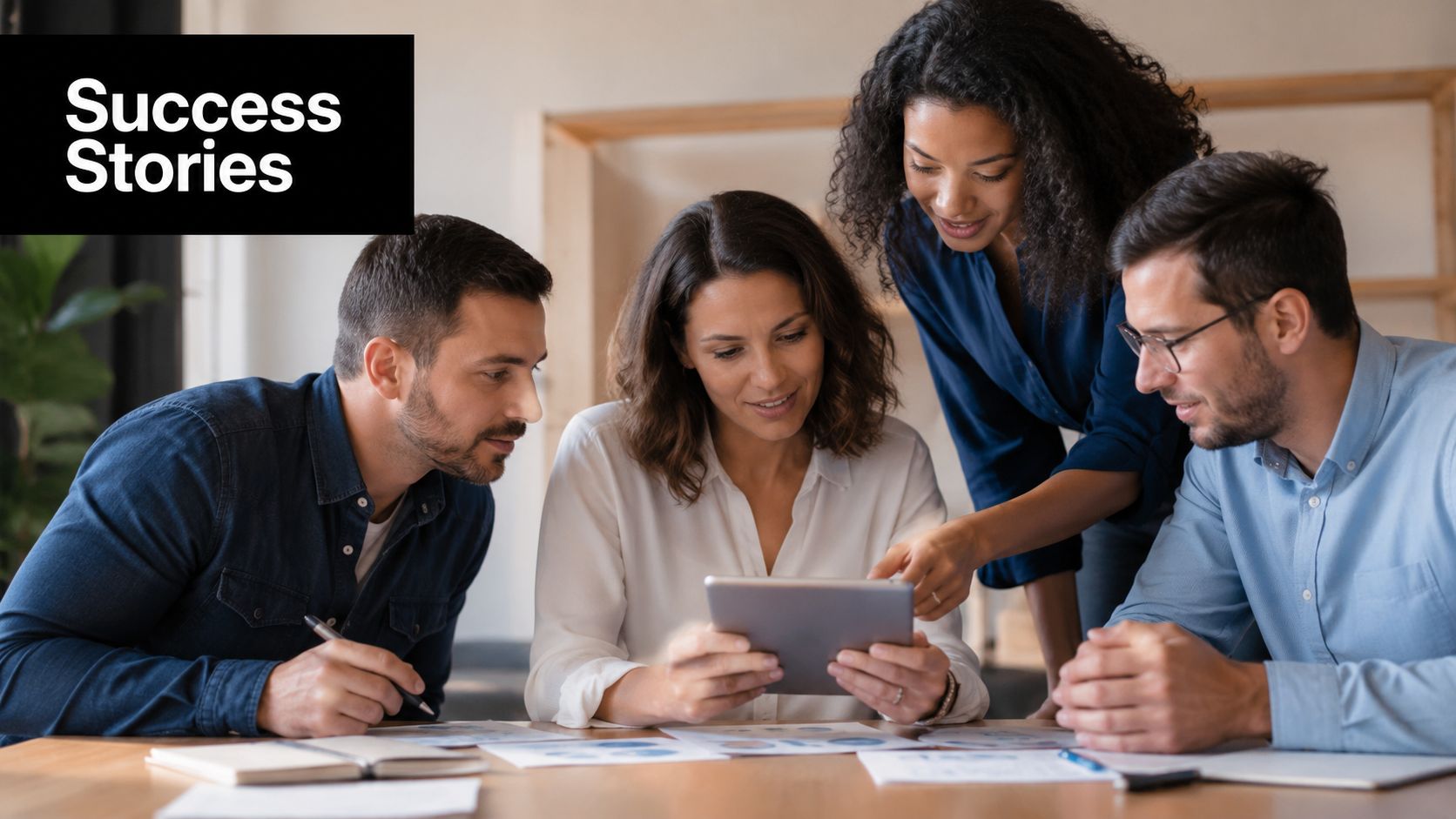 A professional team of four colleagues collaborating on a tablet in a modern office workspace environment.