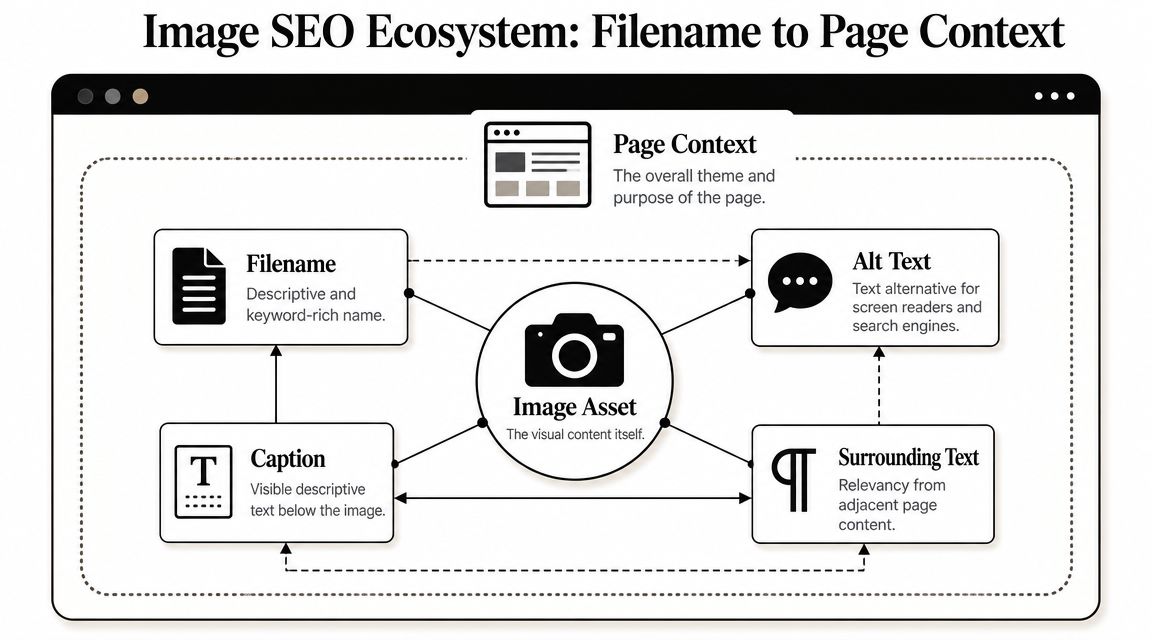A diagram illustrating the Image SEO ecosystem, connecting filenames, alt text, captions, and surrounding page context.