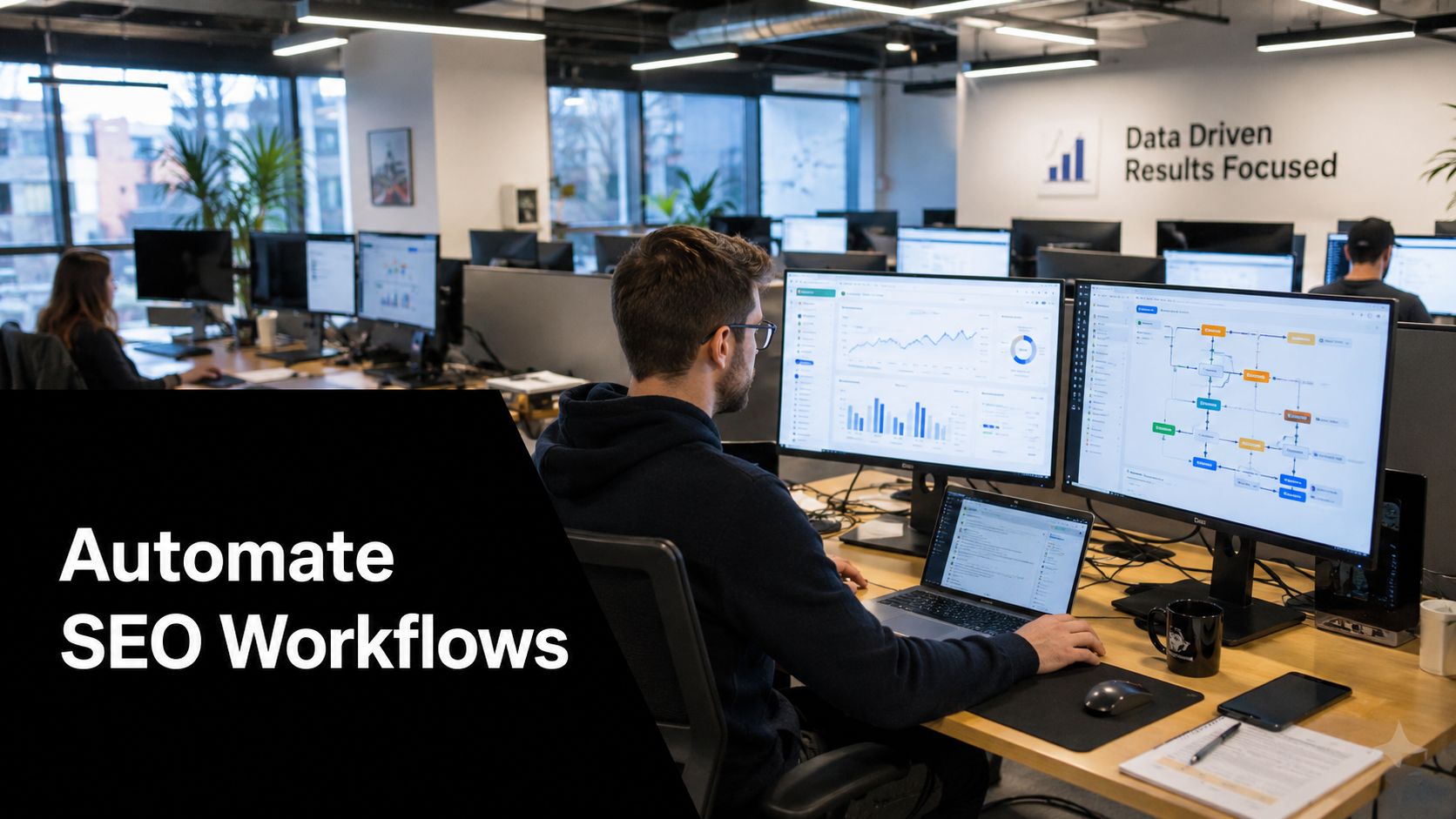 A professional working at a desk in a modern office, analyzing SEO data and digital marketing workflows.