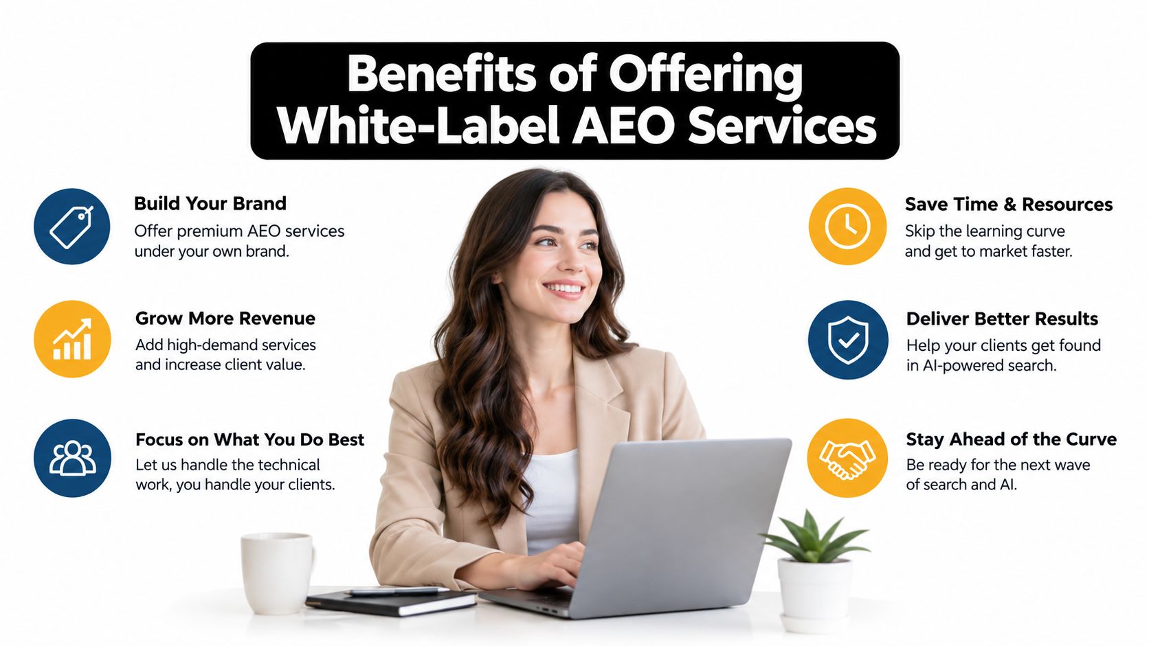 A professional woman working on a laptop with bulleted benefits of white-label AEO services displayed nearby.