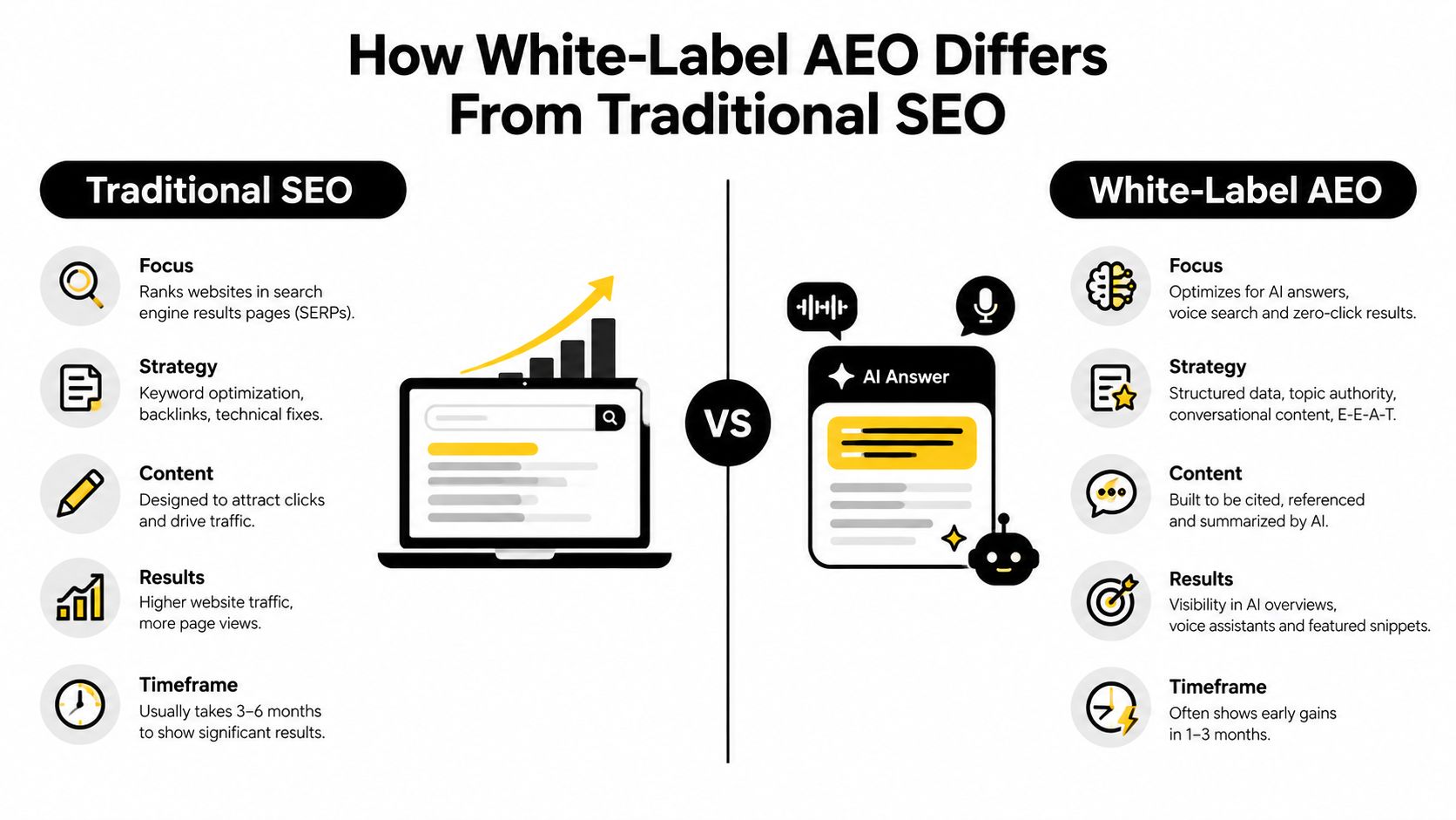 A comparative chart showing the key differences between traditional SEO and white-label AEO strategies for digital marketing.
